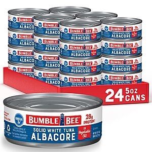 Bumble Bee Solid White Albacore Tuna in Oil, 5 oz Can (Pack of 24) - Wild Caught Tuna - 28g Protein per Serving, High in Omega-3s~$17.52 @ Amazon