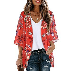 CHICGAL Women's Floral Print Puff Sleeve Kimono Cardigan (Boho Red) $8.97 & More + FS w/ Prime or orders $35+