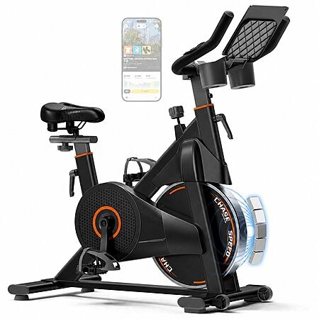 CURSOR FITNESS Magnetic Exercise Bike w/ App Training & LCD Monitor (Black/Orange)