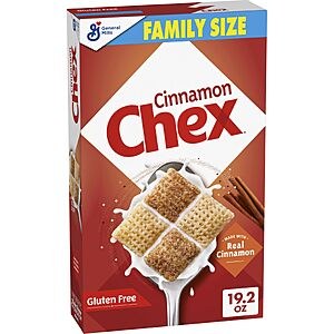 Cinnamon, Honey Nut or Chocolate Chex Cereal, Gluten Free,Family Size, 19.2 oz $3.01 or less