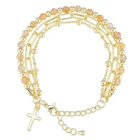 Cross Bracelet for Women, 3-Layer Crystal Bracelet with Paperclip Chain