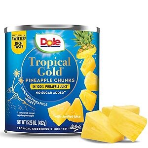 Dole Canned Fruit, Tropical Gold Pineapple Chunks in 100% Pineapple Juice, Gluten Free, Pantry Staples, No Sugar Added, 15.25 Oz~$1.47 After Coupon & S&S @ Amazon