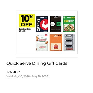 Dollar General - 10% off Uber Eats, Chipotle, Burger King, Subway, Krispy Kreme, and Zaxby's gift cards, through May 16th