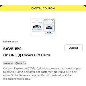 Dollar General digital coupon 15% off Lowe's gift card