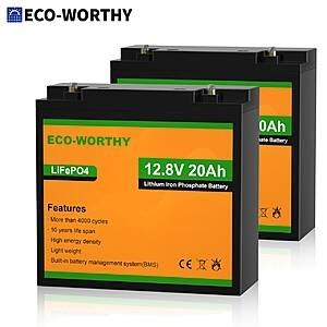 ECO-WORTHY 2-Pack 12V 20Ah Lithium Battery 256Wh BMS $74 + Free S/H