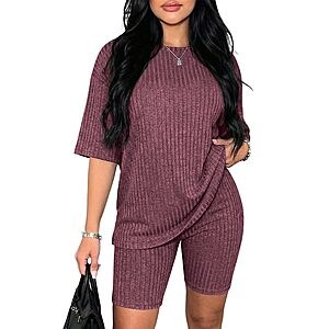 Ekouaer Pajamas 2 Piece Lounge Sets Ribbed Knit Matching Outfits T-shirt Biker Shorts Sleepwear Loungewear Sweatsuits Dark Red $10.99