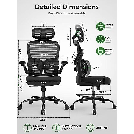 Ergonomic Office Desk Chair, Adjustable Dual Lumbar Support & Thick Seat