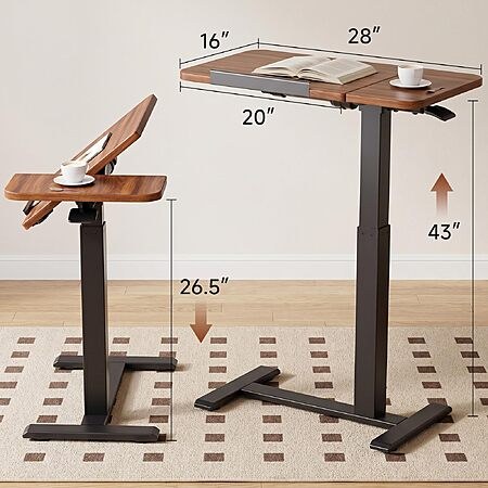 GTPLAYER Pneumatic Adjustable Standing Desk, 28 Inch Tiltable Mobile Rolling Laptop Table with Wheels, Overbed Bedside Table Computer Workstation for Home Office, Brown $78.58