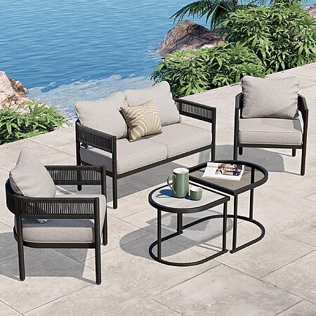 Grand patio 5-Piece Outdoor Furniture Set, 4 Seats Wicker Sofa Conversation Set with Thick Cu…