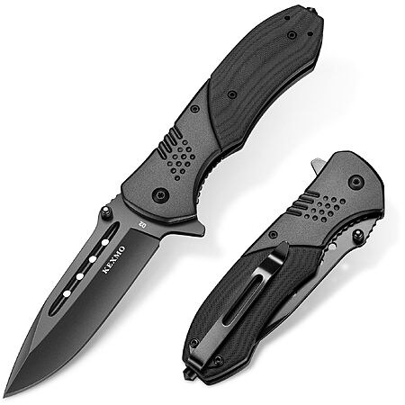 KEXMO Folding Pocket Knife with 3.46" D2 Steel Blade and G10 Handle, Black