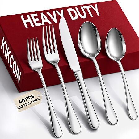 KIKCOIN 40 Pack Silverware Set for 8, Food-Grade Stainless Steel Flatware Set, Heavy Duty Mir…