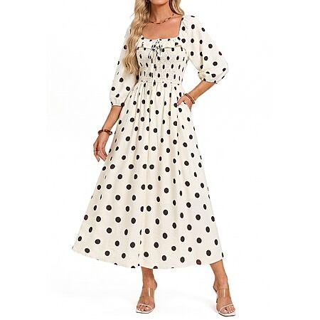 Kate Kasin Women's Lined 3/4 Sleeve Smocked Boho Maxi Dress w/ Pockets (Various)