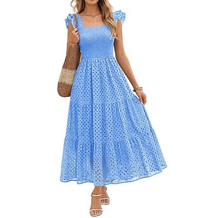 Lazysmile Women's Tiered A Line Lined Eyelet Smocked Summer Boho Maxi Dress w/ Pockets (Vario…