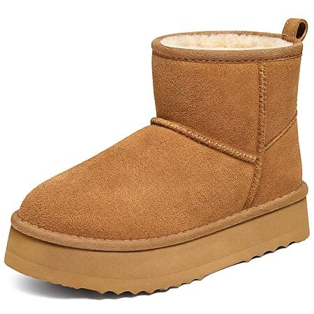 Litfun Women's Genuine Suede Fur Lined Platform Ankle Boots (Chestnut)
