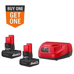 Milwaukee M12 12V Lithium-Ion XC High Output 5.0 Ah Battery (2-Pack) Starter Kit  with Charger + Free Tool of Choice $199