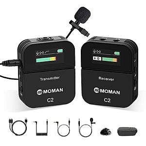Moman C2 Wireless Lavalier Microphone, 2.4GHz Wireless Lapel Microphone System with Transmitter & 1 Receiver (C2 Solo) $19.5