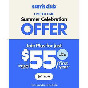 New Sam's Club Members: 1-Year Plus Membership $55, 1-Year Club Membership $25