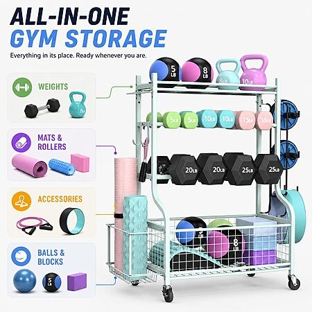 PLKOW Dumbbell Rack, Weight Rack for Home Gym Storage with Wheels and Hooks