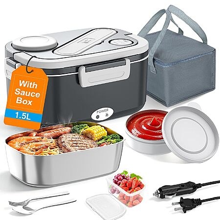 Prime Members: 1.5L HOLDRUBY 100W Electric Heated Lunch Box w/ Sauce Container, Fork & Spoon…