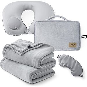 Prime Members: 4-Piece Bedsure Grey Travel Blanket Set (Fleece Throw, Inflatable Neck Pillow, Eye Mask & Storage Bag) $15.99 + Free Shipping