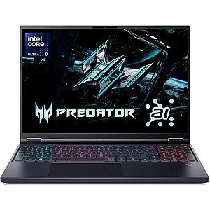 Prime Members: Acer Predator Helios Neo 16 AI: 16" WQXGA 240Hz IPS, Intel Ultra 9 Processor 275HX, RTX 5070 Ti, 16GB DDR5, 1TB SSD $1599.99