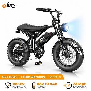 Qlife Spark D1 1500W (Peak) 48V 10.4Ah 25mph Full Suspension 16x4in Fat Tires e-Bike (White or Black) $406 + Free S/H