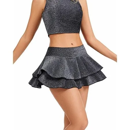 RanZZRan Y2K Women's Sparkly Layered Ruffle Mini Skort w/ Built-in Shorts and Pocket (3 Colors)