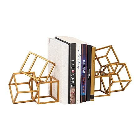 Set of 2 Mind Reader Geometric Cube Metal Bookends (Gold)