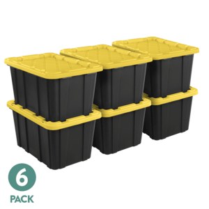 Sterilite Large Storage Bin, 27 Gallon Durable Plastic Storage Tote with Snap-On Lid, Black and Yellow, 6 Pack $48