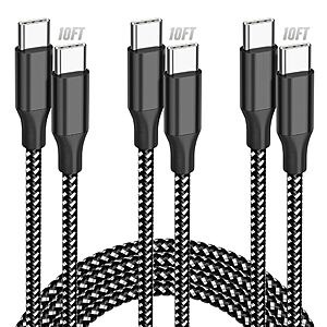 SwaggWood USB C to USB C Cable, 3-Pack 10FT 60W USBC Fast Charging Cable Nylon Braided Type C Charger Cord for iPhone 17/16/15/iPad Pro/MacBook Air and More