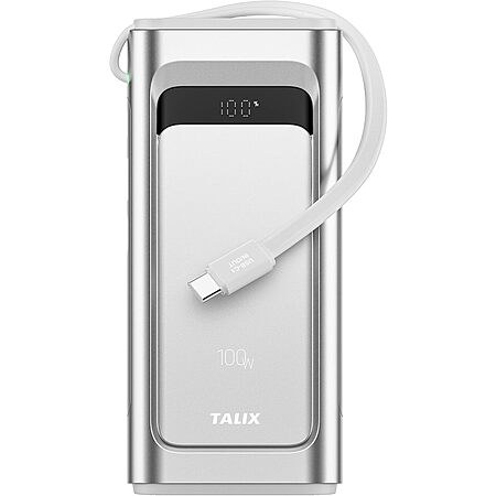 TALIX 100W 10,000mAh Portable Charger Power Bank w/ Built-In USB-C Cable, 3 Ports & Digital…