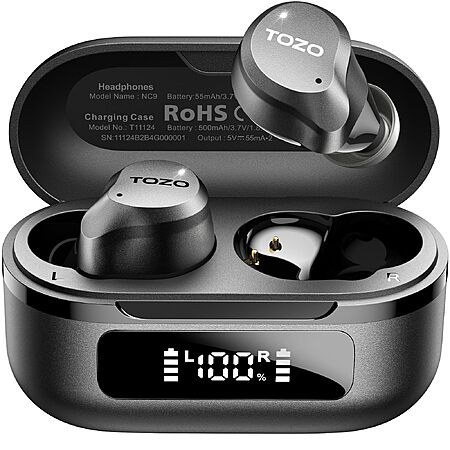 TOZO NC9 Hybrid Active Noise Cancelling Wireless Earbuds, 60H, LED Display $26.55