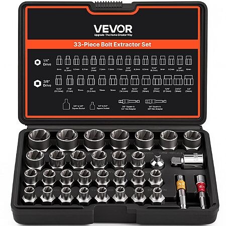 VEVOR Bolt Extractor Set, 32-Piece Bolt and Nut Remover Set, 6mm to 10mm, 13/32" to 3/4", CR-MO Steel Extraction Socket Set with Storage Case $37.90