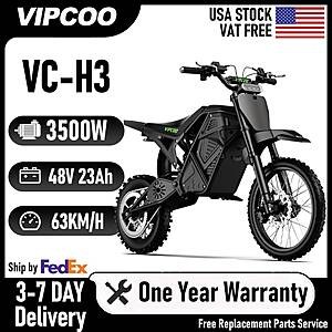 VIPCOO VC-H3 Electric Dirt Bike 3500W Peak 4500W Motor 48V 23Ah Off-Road Motorcycle 25-43 mile range $674 + Free S/H