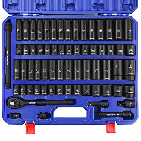 WORKPRO 1/2” Drive Impact Socket Set, 65 Pcs SAE and Metric Deep & Shallow Kit
