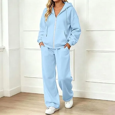 Women,Sweatsuits Women 2 Piece Outfit Sweat Suit 2026 Fall Winter Full Zip Hooded Sweatshirt Wide Leg Pants Tracksuit Casual Jogger Travel Outfits,#Light Blue-01,XL
