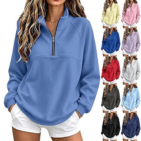 Womens Quarter Zip Pullover Fleece Athletic Mock Neck Oversized Sweatshirt