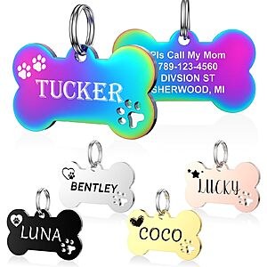 YEHANTI Personalized Stainless Steel Dog Tags for Pets w/ Custom ID Engraving (Hollow Bone, Various Colors/Sizes) from $2.99 + Free Shipping w/ Prime or on $35+