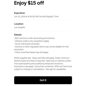 YMMV: Uber Eats $15 off $20+ (Los Angeles) $5