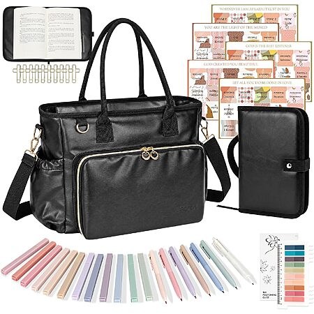 Zeromx Bible Study Journaling Kit w/ 13.8" Bible Tote, Bible Cover and Accessories (Black, Pink)