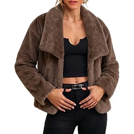 luvamia Women's Drop Shoulder Faux Fur Jacket w/ Wide Lapel Collar and Side Pocket (Brown, Light Gray, Sizes S-XL)