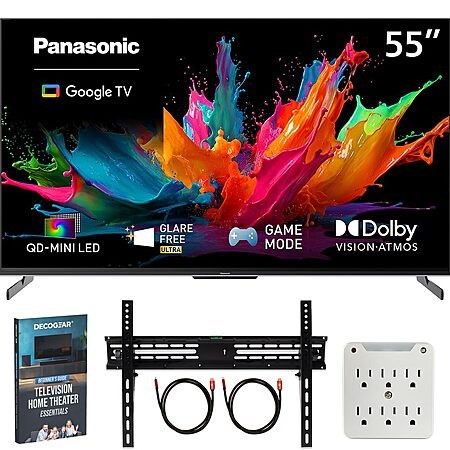 with 2x HDMI cables, wall mount, Panasonic 55" W85C 4K 3840x2160 60Hz QD-Mini LED Google TV (…