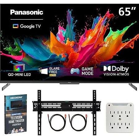 with 2x HDMI cables, wall mount, Panasonic 65" W85C 4K 3840x2160 60Hz QD-Mini LED Google TV (…